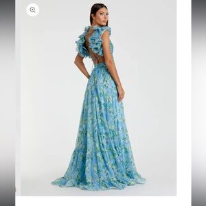Mac Duggal Ruffle Tiered Floral Chiffon Gown Dress Blue Multi Floral Size 4